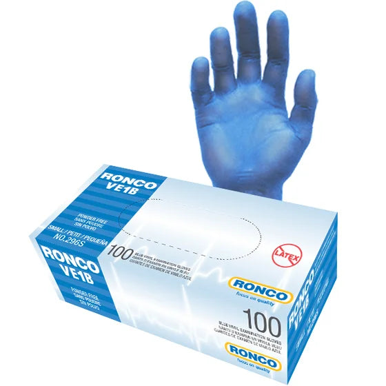 RONCO VE1B Blue Vinyl Examination Gloves, Powder-Free, 3 Mil, Size L: 4.5 g