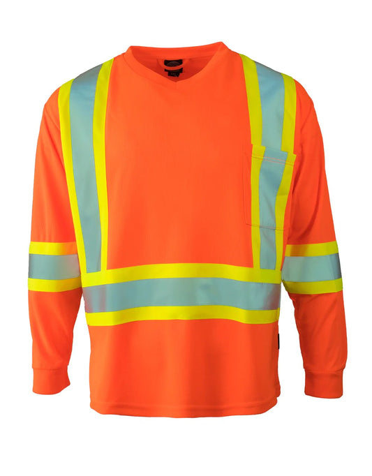 Forcefield Hi Vis V-Neck Long Sleeve Safety Tee with Chest Pocket