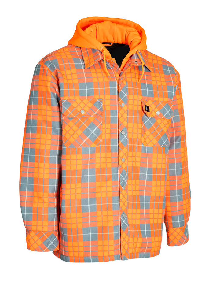 Forcefield Hi Vis Orange Plaid Hooded Quilted Flannel Shirt Jacket