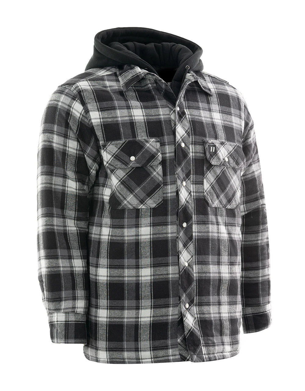 Grey Plaid Hooded Plaid Quilt-Lined Flannel Shirt Jacket