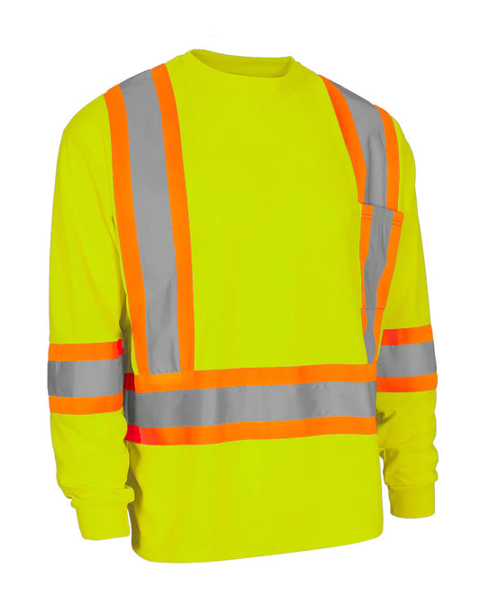 Forcefield Hi Vis Crew Neck Long Sleeve Safety Tee with Chest Pocket